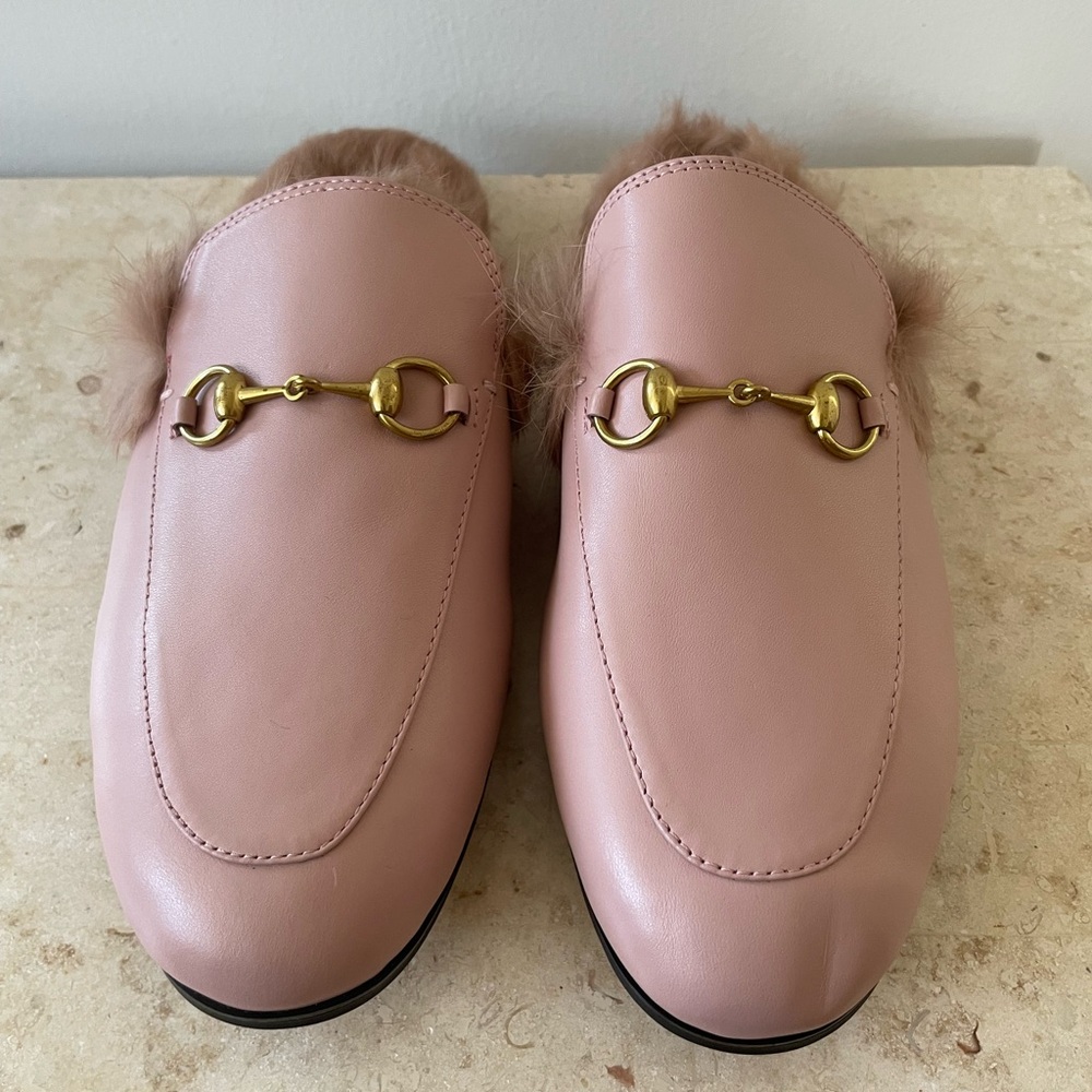 Pink Leather Fur-Trim Slip-On Loafers with Gold Bit Hardware